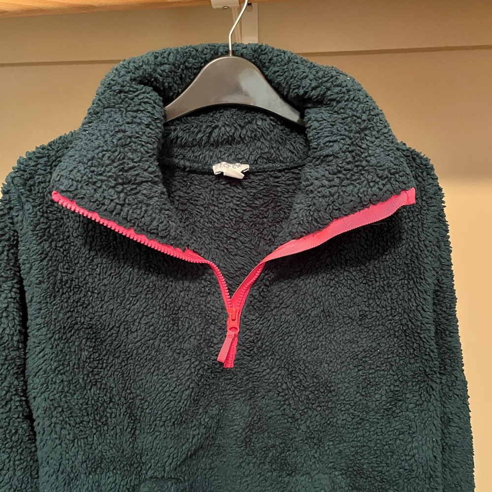J. Crew Dark Green Fleece with Pink Zipper Accent - Picture 2 of 5